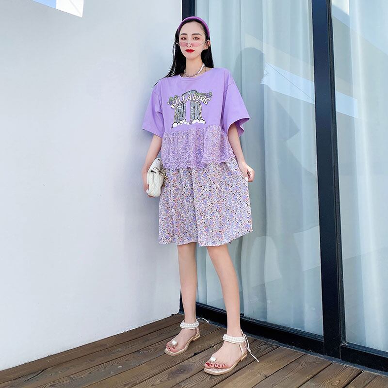 サマードレス レースフローラルロングスカート 大きめサイズ 夏物 花柄 ミックスインファッション69523282192