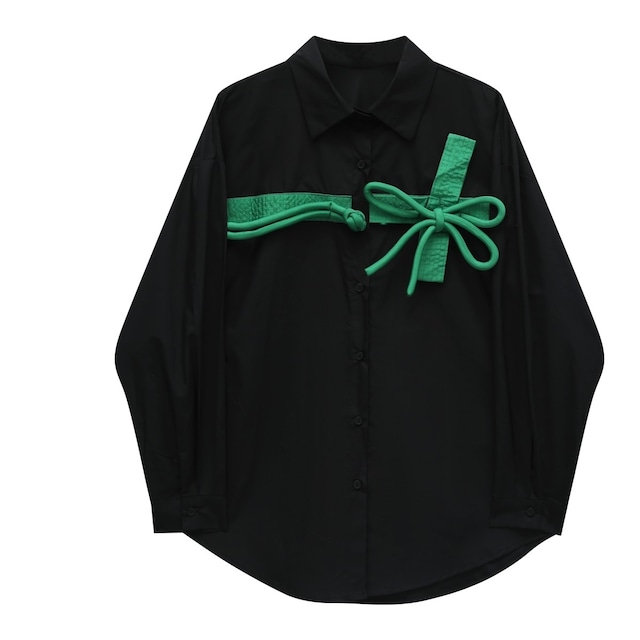 GREEN RIBBON TRIM DESIGN SHIRT 2colors M-5467