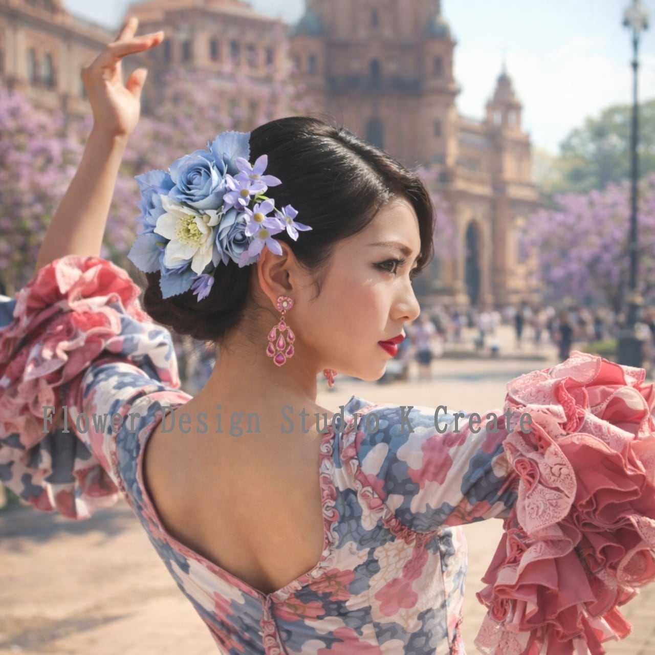 水色の薔薇とクリスマスローズの髪飾り フラメンコ フローレス 水色 アクア ペールブルー 髪飾り ダンス 花飾り 頭飾り フォーマル パーティー