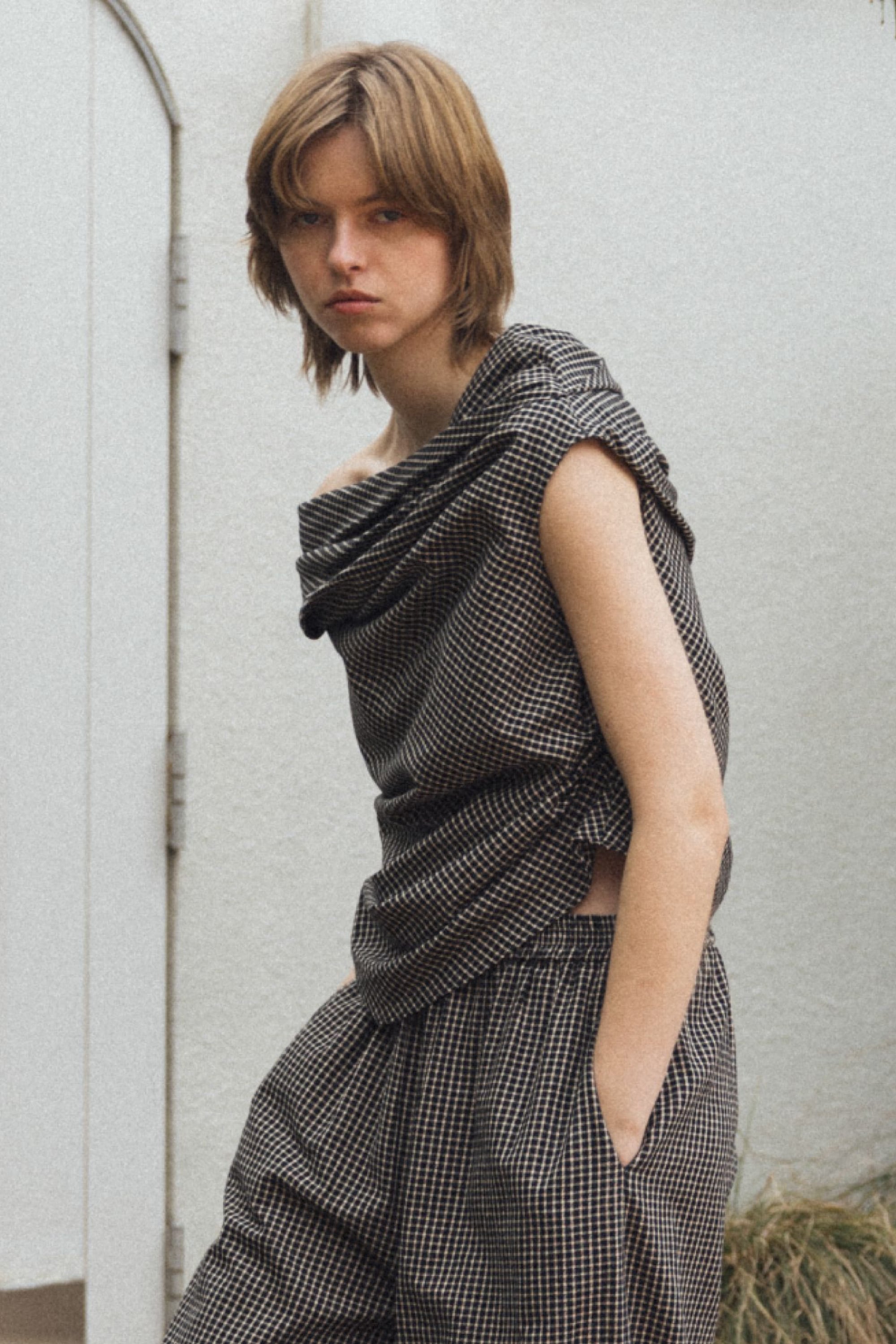 WILLFULLY asymmetry tuck gather off shoulder check tops