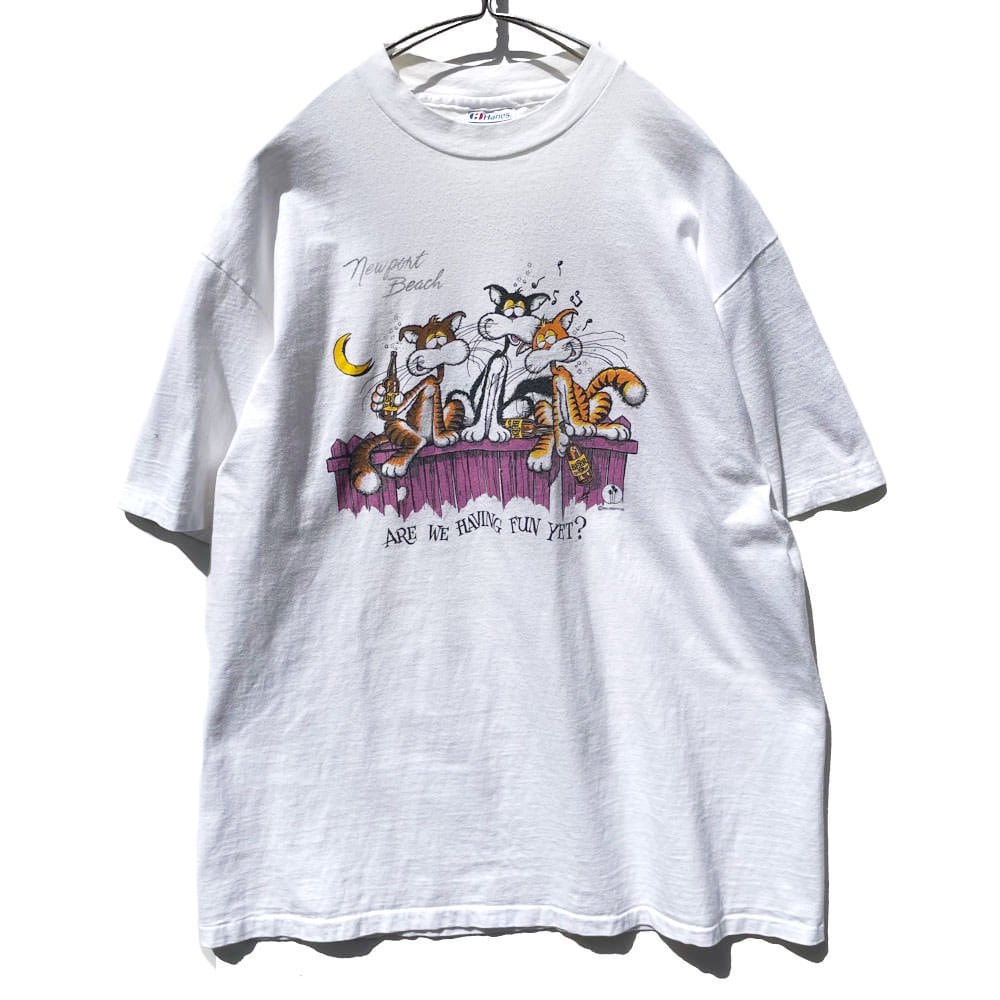 Newport Beach - Made In USA] Vintage Cat Print Souvenir T-Shirt