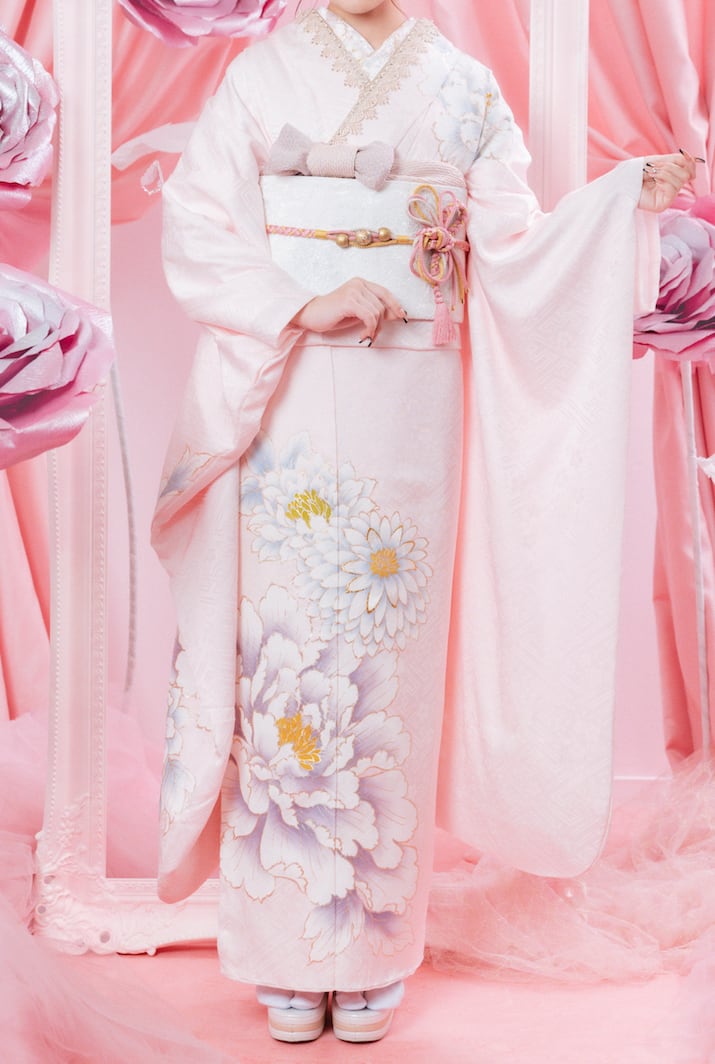 orihime様☆正絹 ピンク系 花籠 着物リメイクドレス*120㎝へお直し 振袖 POWDER PINK（レンタルプラン） | KIMONO LARME