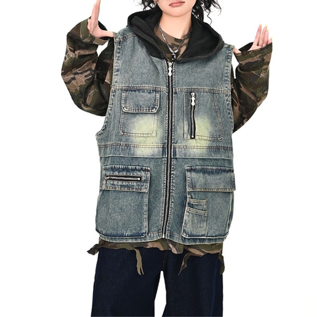 denim vest hoodie　デニムベストフーディー　J1228