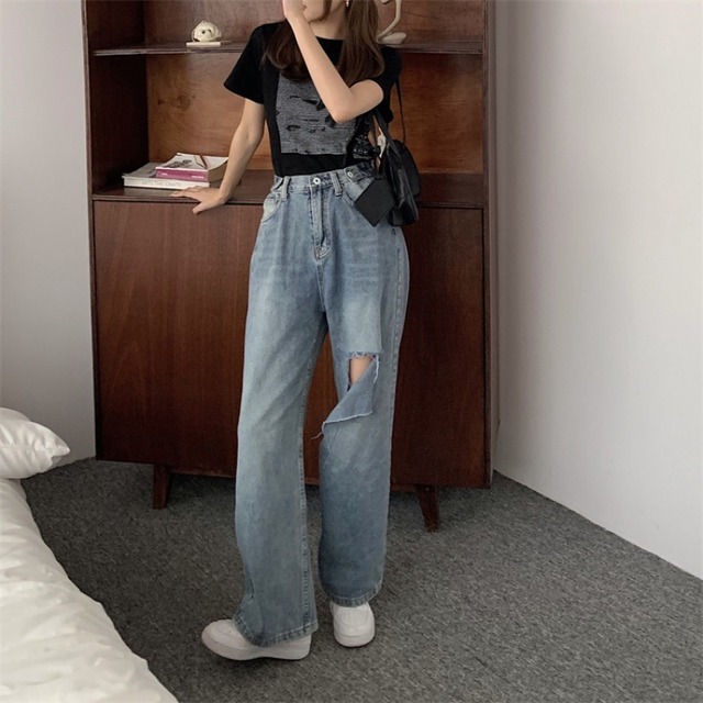 ジーンズ サマー薄手ハイウェストウェストルーズワイドレッグパンツ 夏物 ワイドパンツ ブラックストロベリース98001310122