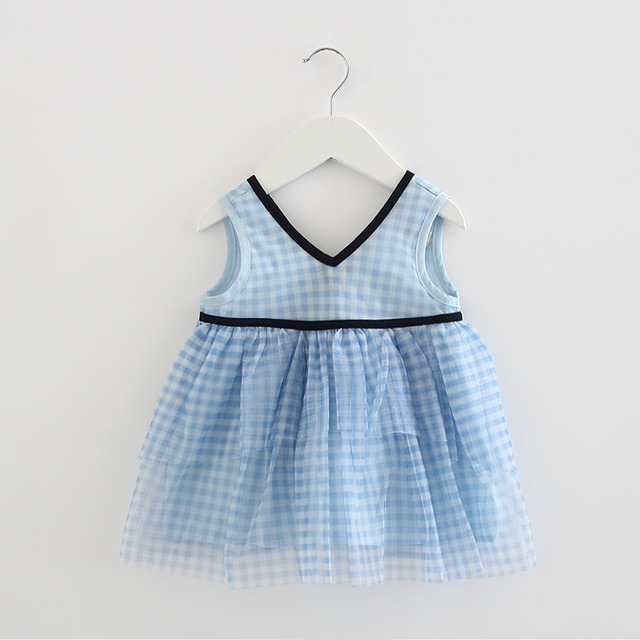 チェックのVラインチュールワンピース(ブルー)