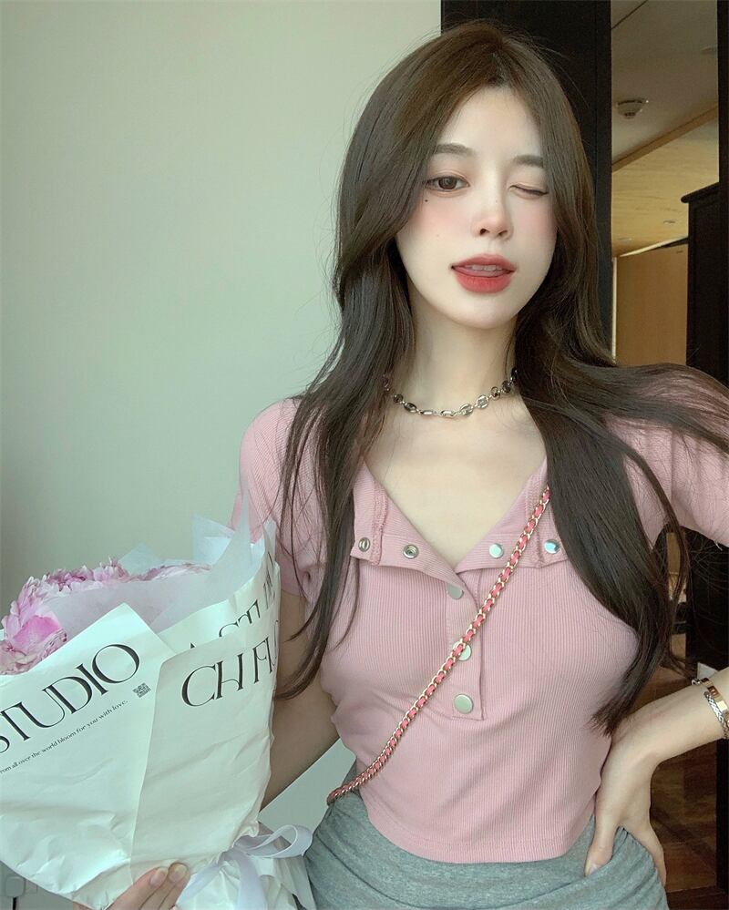 Tシャツ サマーショートスリムトップス 夏物 ピュア ブラックストロベリース43848054630