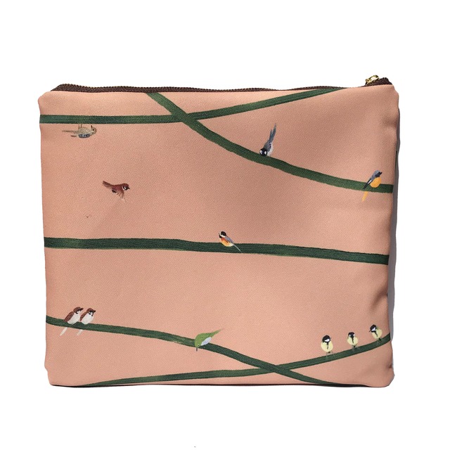 野鳥柄 ポーチ L