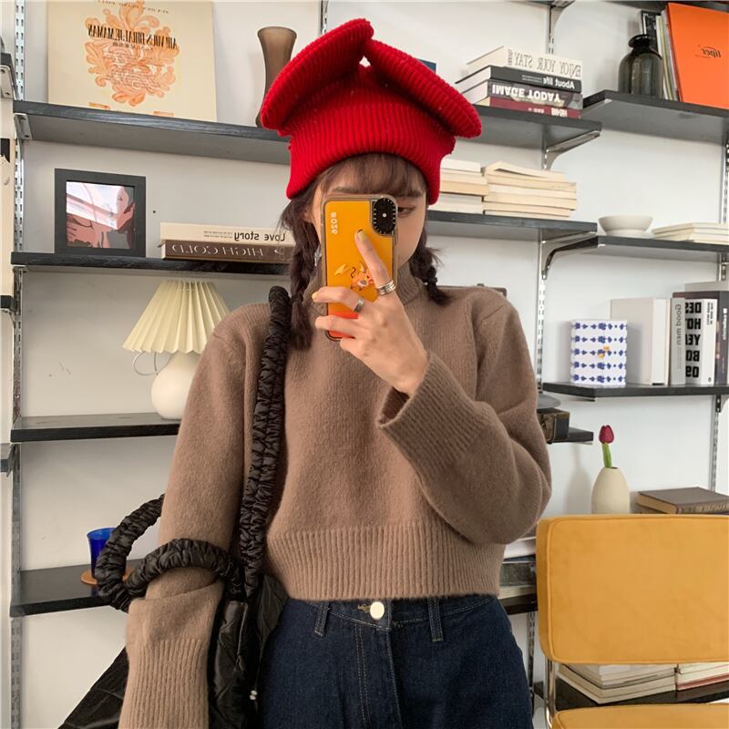 トップス レディース ニット セーター ショート丈 長袖 ハイネック かわいい 大人可愛い カジュアル おしゃれ お洒落 かっこいい レトロ こなれ感 ラフ キュート 送料無料 存在感 無地 秋 冬 10代 20代 30代 40代 学生 通学 デート お出かけ 女子会 休日 着回し 普段使い 重ね着 韓国 韓国系 ファッション コーデ スタイル モテ トレンド 流行 インスタ映え ゆったり ゆる ワンサイズ フリーサイズ ブルー ホワイト ブラウン