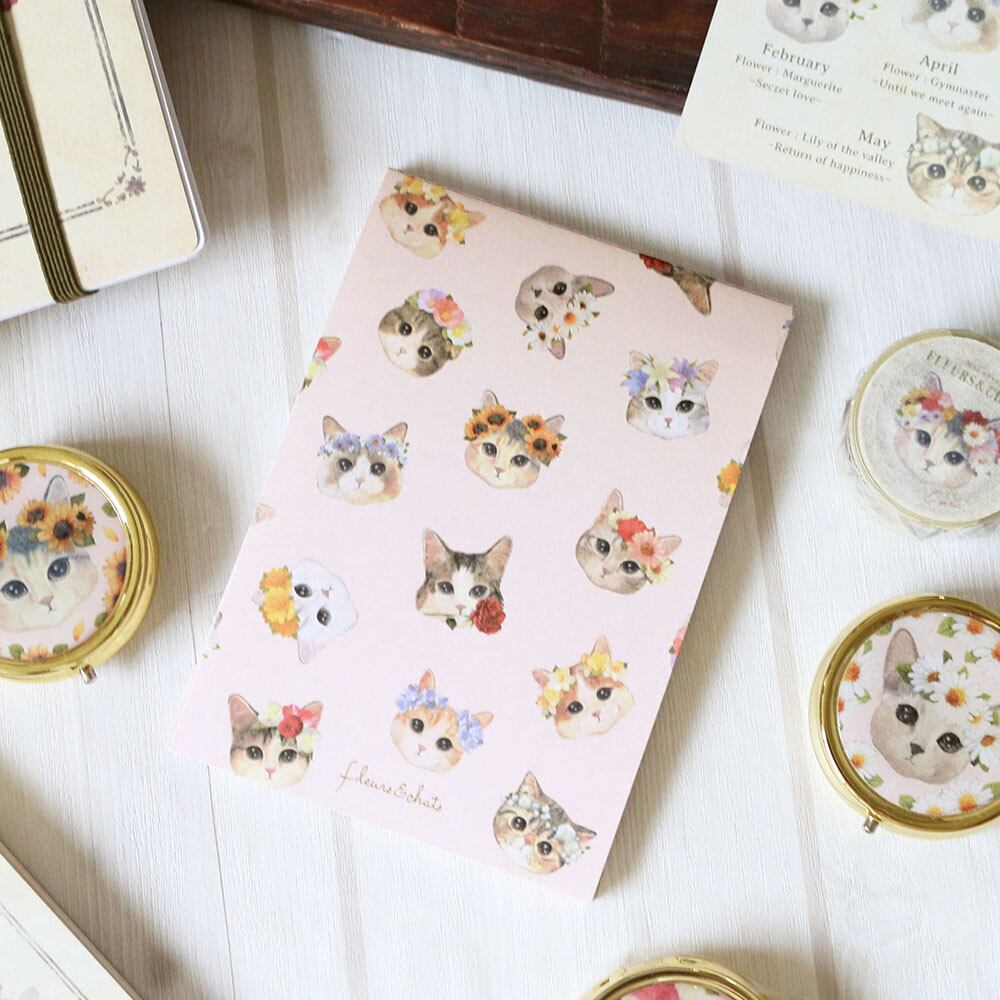 ☆ねこメモパッド|fleurs&chats〜flower〜 猫 ネコ ねこ 猫雑貨 ねこモチーフ ネコ柄 コンパクトサイズ かわいい 文具 メモ帳