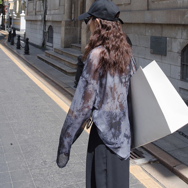 sheer crew neck long sleeve cut and sew top L0612