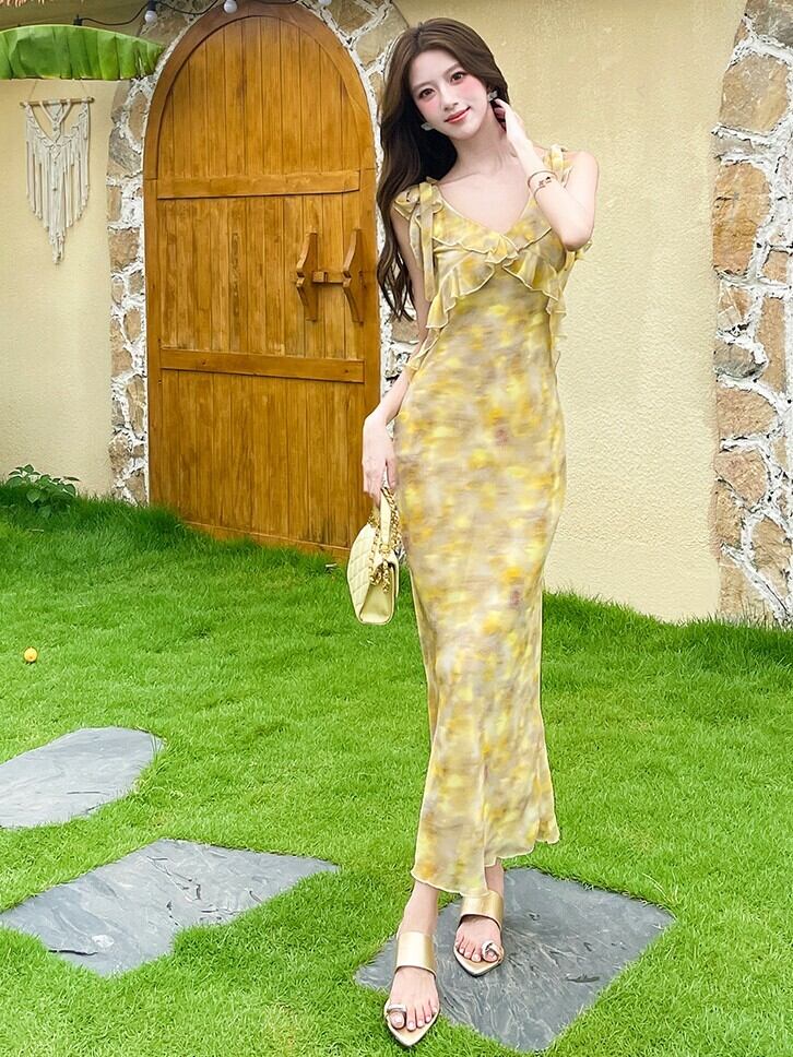 ボカシプリントロングワンピース V4640