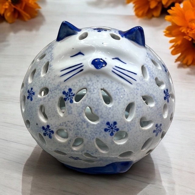 ネコ 香炉 青花 癒し リラクゼーション ガーデニング 陶器 プレゼント ギフト 敬老の日 母の日 父の日