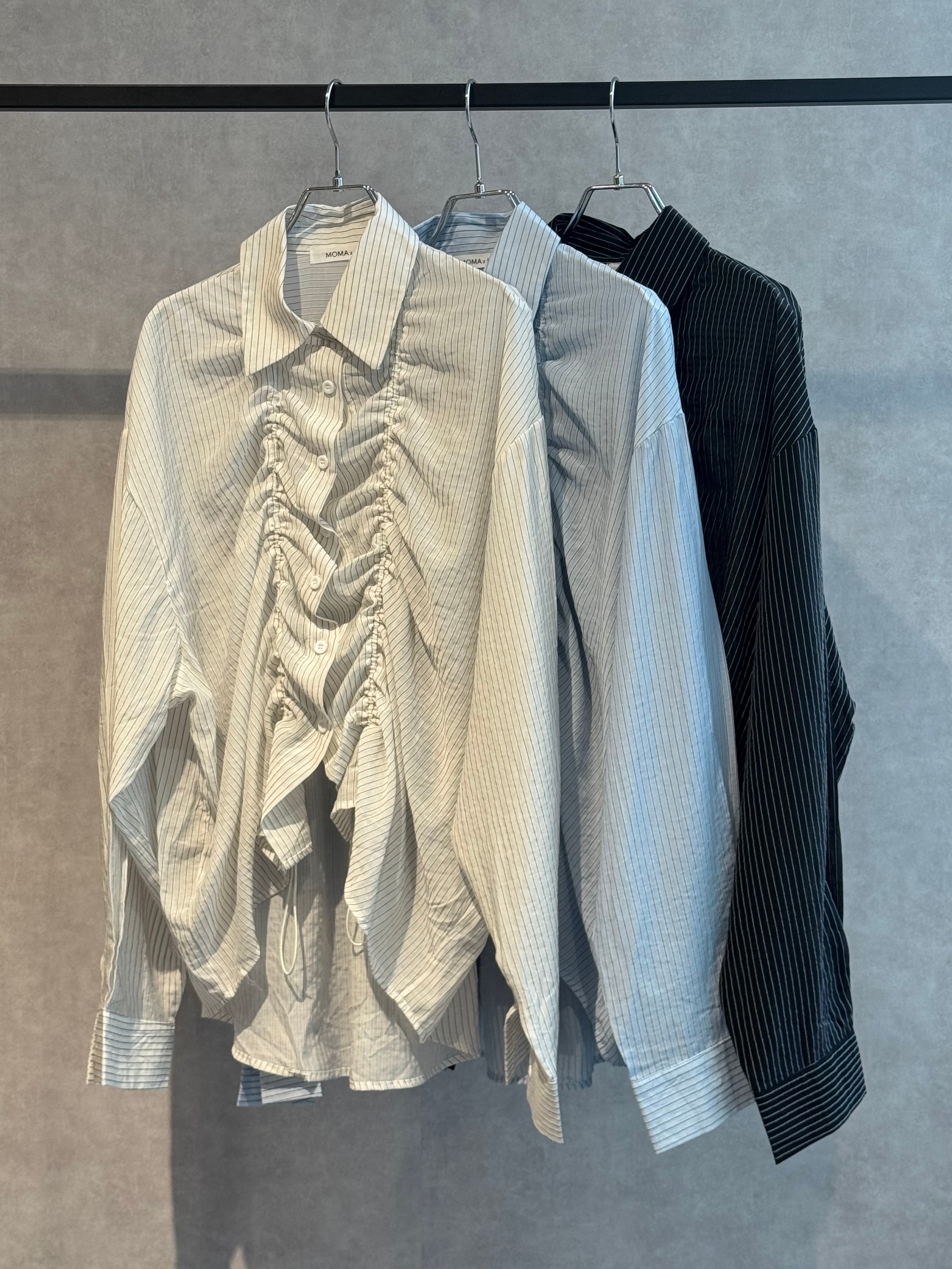 stripe front gather string shirt