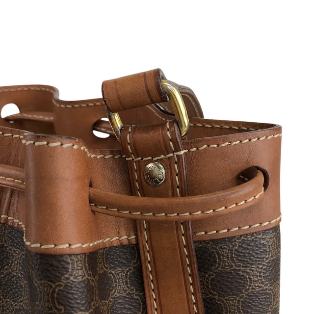 CELINE セリーヌ マカダム ショルダーバッグ ブラウン ブラゾン型押し PVCレザー 巾着 vintage ヴィンテージ オールド v7uxy2