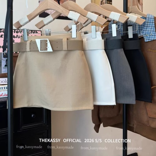 【2点セット】4色／ハイウエストミニスカート＋デザインバックルベルト ・75688
