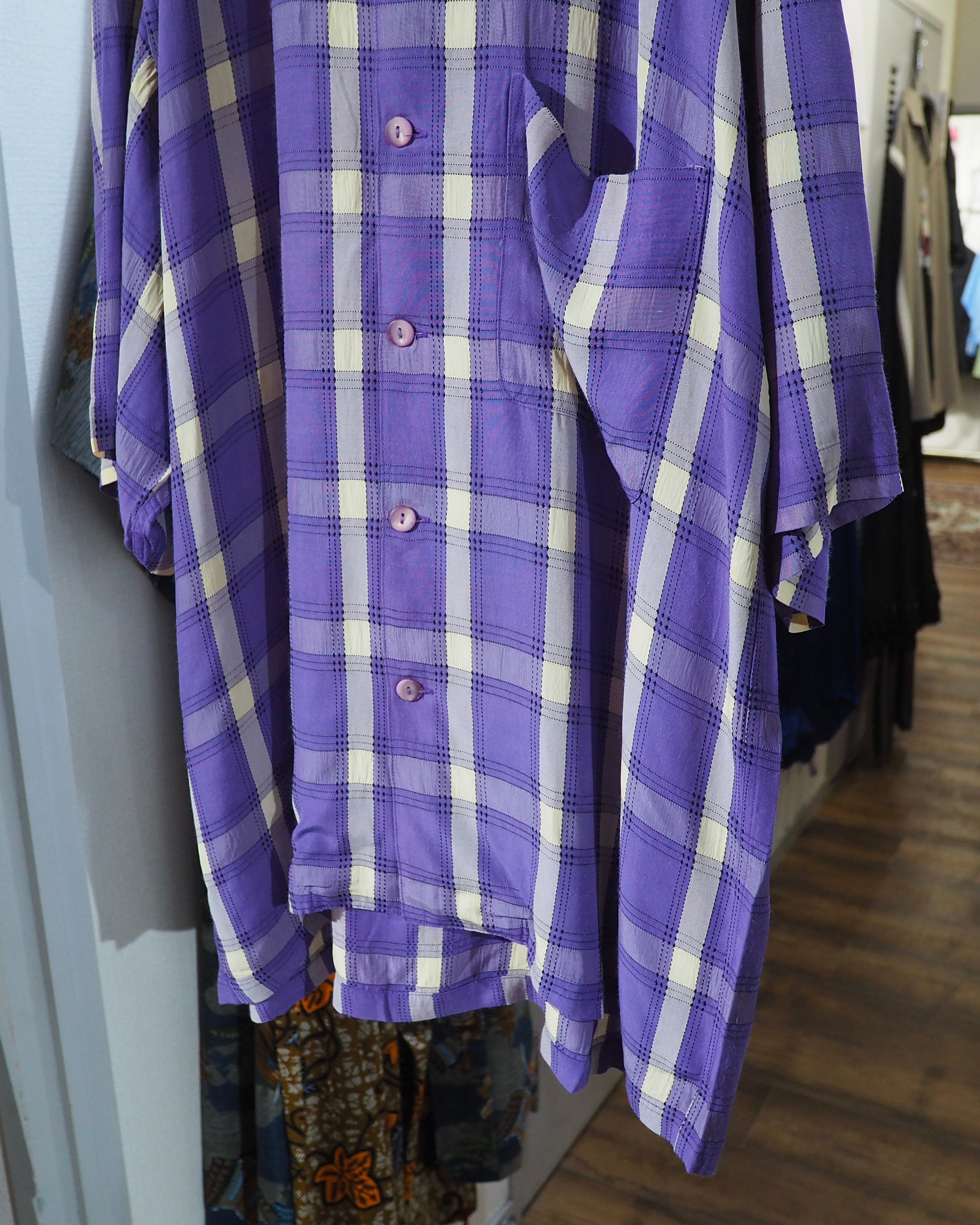 1990s " JUNKO KOSHINO " White Purple Check pattern vintage Open collar SS shirt
