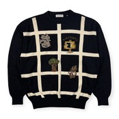 PIASPORTS ピアスポーツ キャラ刺繍 チェック柄風 ウールニットセーター サイズ 4 /メンズ/ブラック/ライカ/日本製