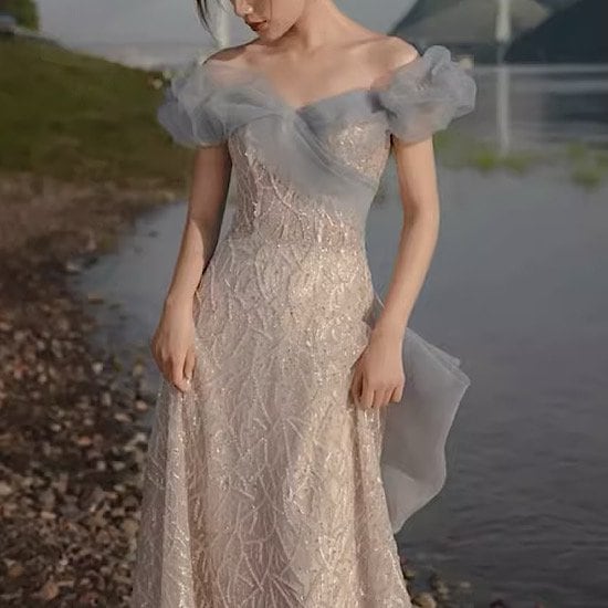 ウェディングドレス オフショルダー セクシー ロング丈 結婚式 結婚式ドレス オフショルダー ロング丈 レース セクシー 発表会
