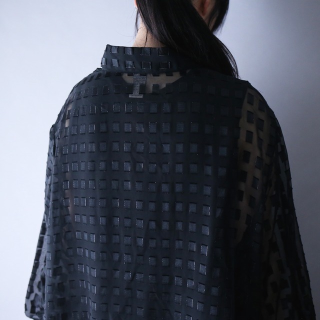 black one-tone full block pattern XX over silhouette black see-through shirt