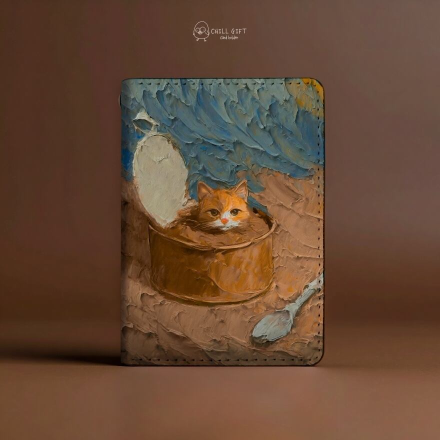 手のひらの中の絵画展~ネコ缶に飛び込んだ猫さん~ 二つ折りパスケース 定期入れ テクスチャ―アート