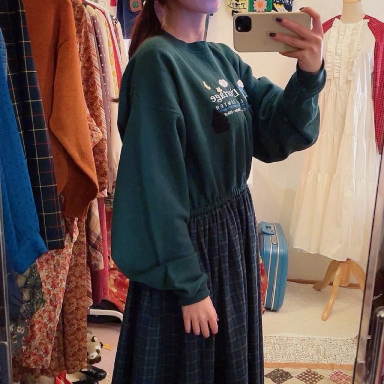 remake / cat walking night green check one-piece