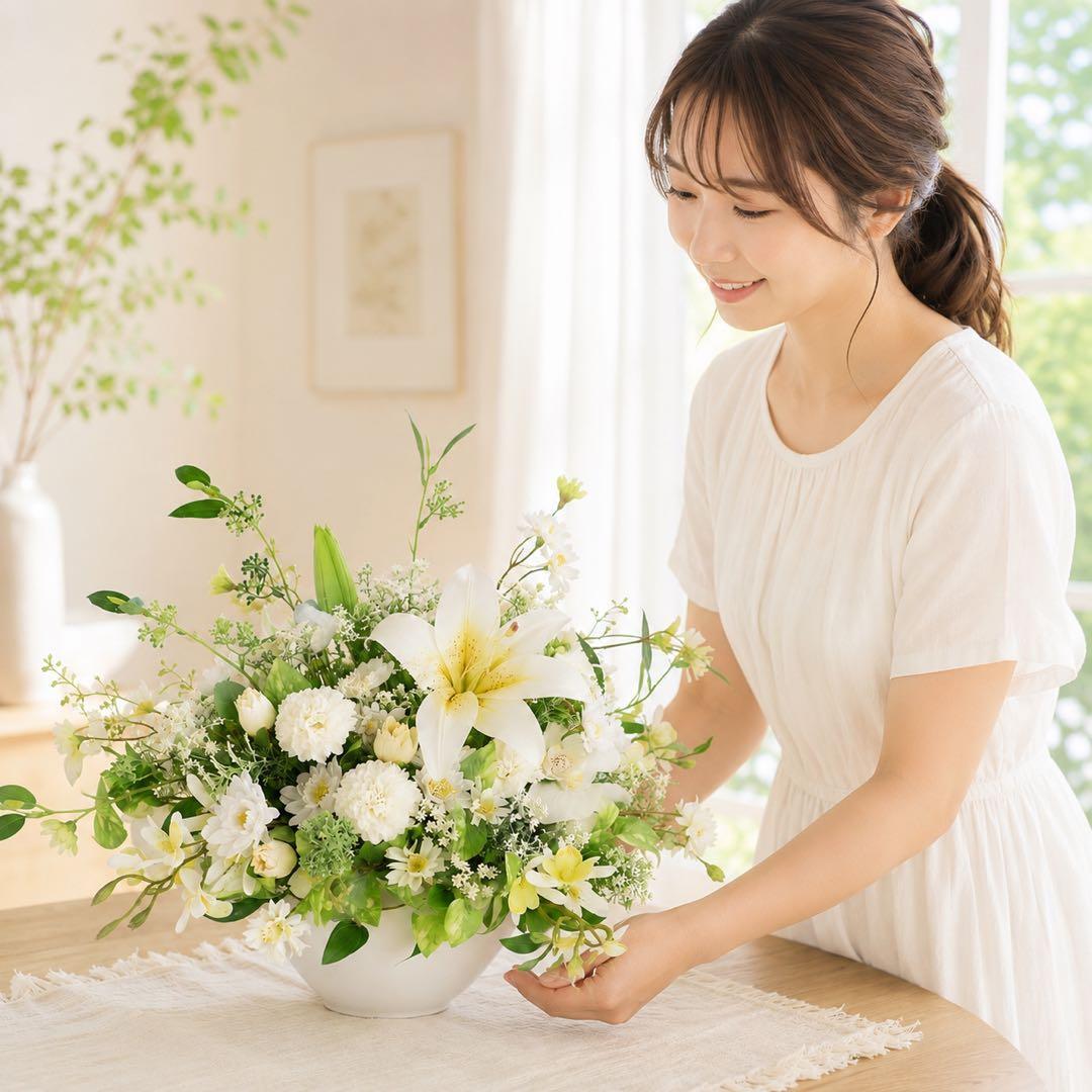 夏の風を届ける ホワイトグリーンの光触媒フラワーアレンジメント