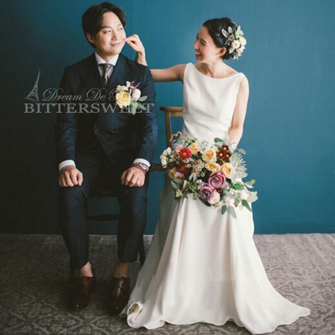 ノースリーブ Vネック Aライン ジッパー ウエディングドレス 花嫁 結婚式