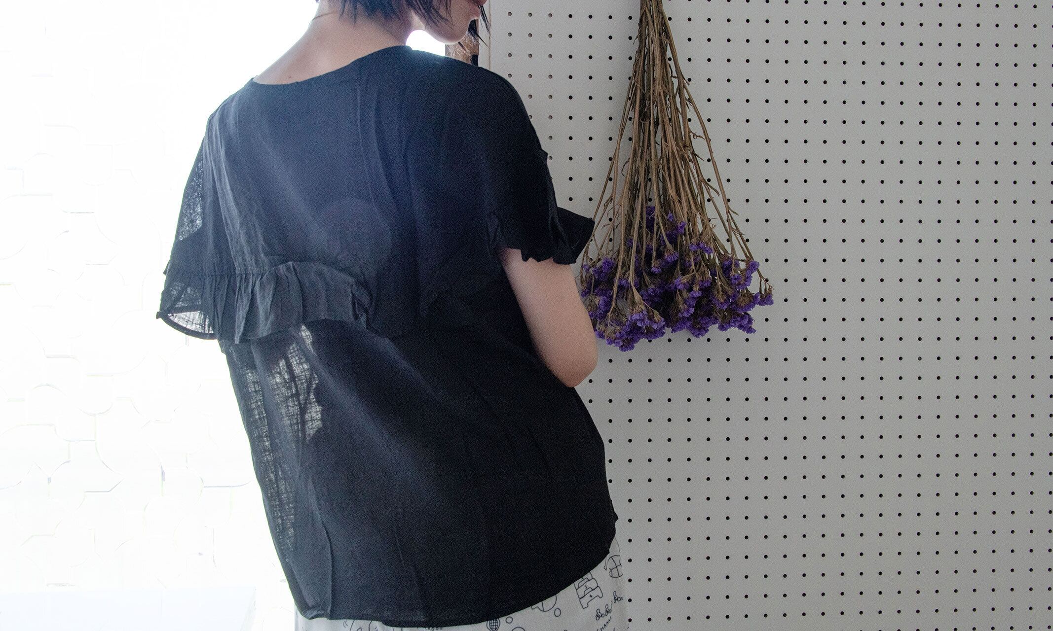 平織リネン混フリルスリーブカットソー