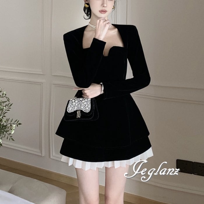 パーティドレス ベルベット調 ワンピース 異素材 ミックス ひざ上 ♪ (M5548)ζ