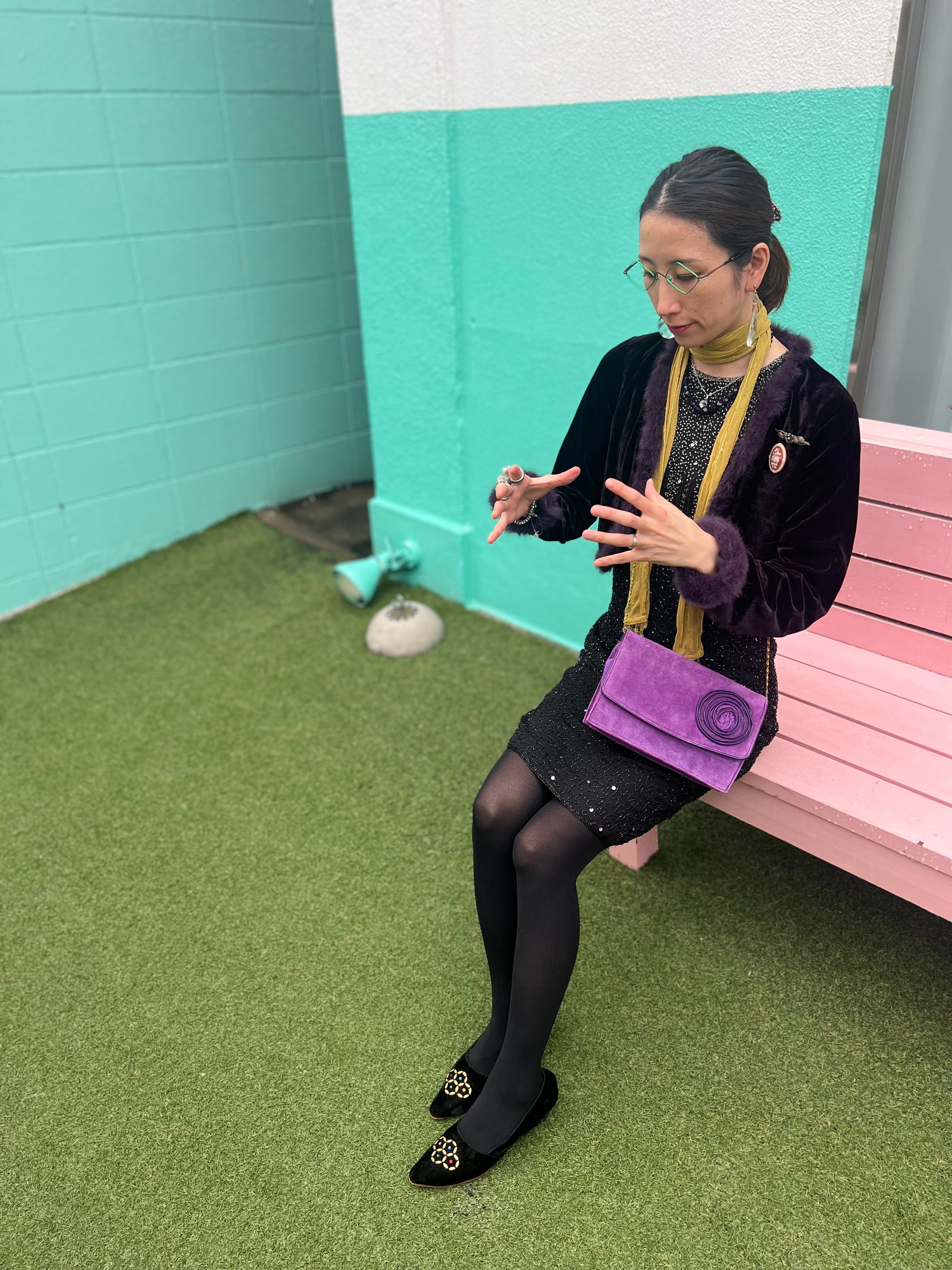 ヴィンテージ ベロア 紫 アンティーク ゴールド パープル グリーン ベルト Vintage purple velours jacket ( ヴィンテージ パープル ベロア