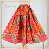 フラダンス 衣装 スカート レッド系 シングル プルメリア柄 ラウアエ柄 かわいい 華やか 鮮やか 明るい カラフル ふわふわ ひらひら 赤 橙 緑 ハワイアン アロハ ハワイアンプリント フラ ダンス レッスン 練習 オレンジ系 パーティー レディース