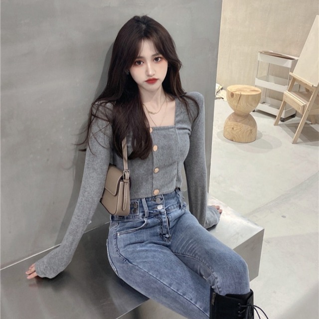 ニットTシャツ オータムウィンターグレースタンダードショートトップス ロング レトロ 秋物 冬物 スクウェア ブラックストロベリース8055800150