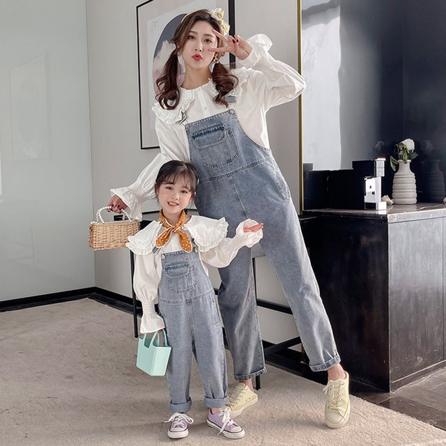 Western Qimu Women's Bib and Shirt Two-Piece Set 21 Spring Parent-Children Jeans Tops Set Big Boy スプリング 春物 1加1童装企业店 1加1童装企业店23351106241