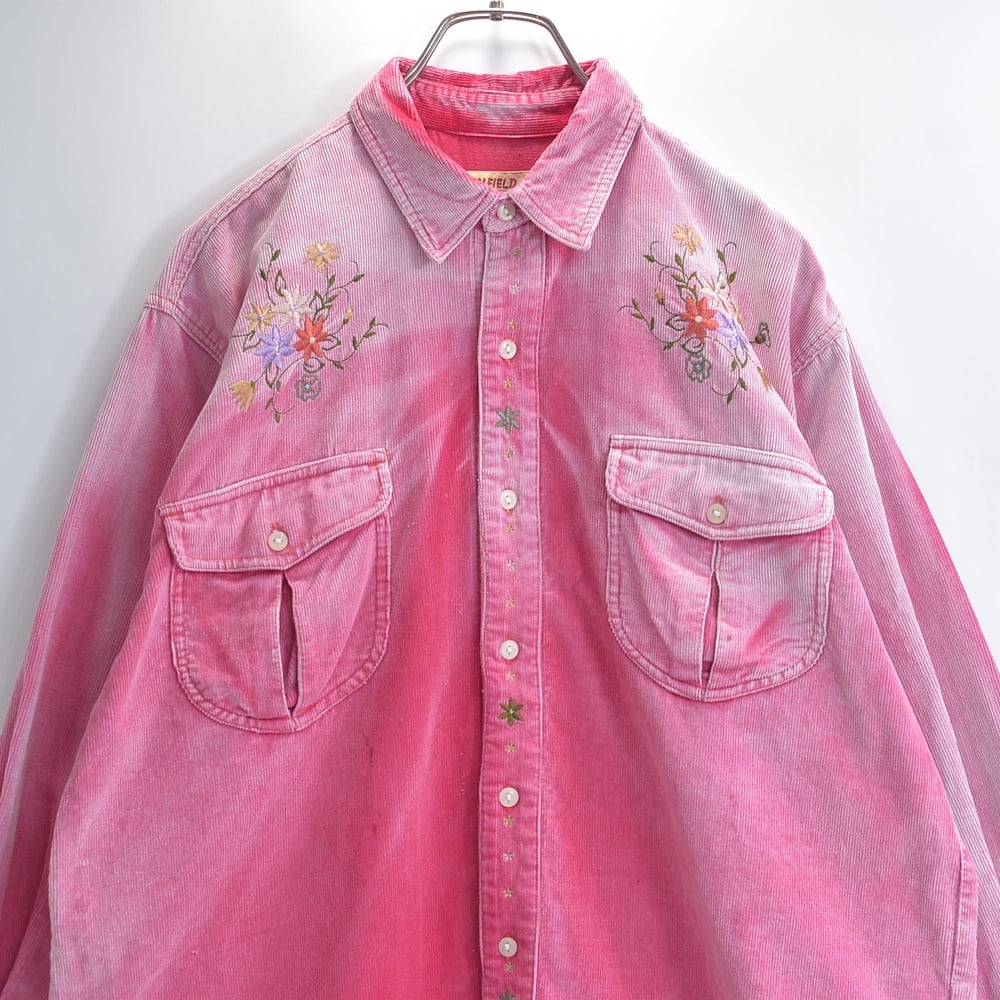 90s URBAN FIELD アーバンフィールド コーデュロイシャツ ワークシャツ 花柄 刺繍 フラップポケット フェード グランジ フェードレッド USED ヴィンテージ ビンテージ 古着 メンズMサイズ相当