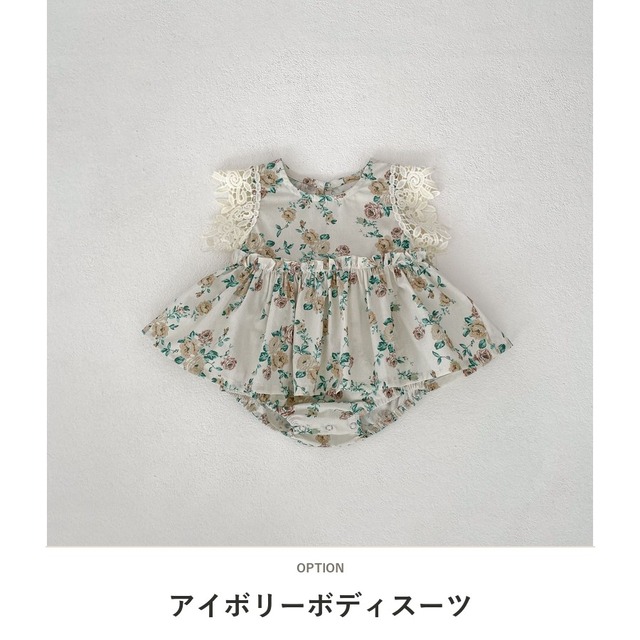 【BABY】ローズプリントレースフリル袖ワンピースロンパース - 2