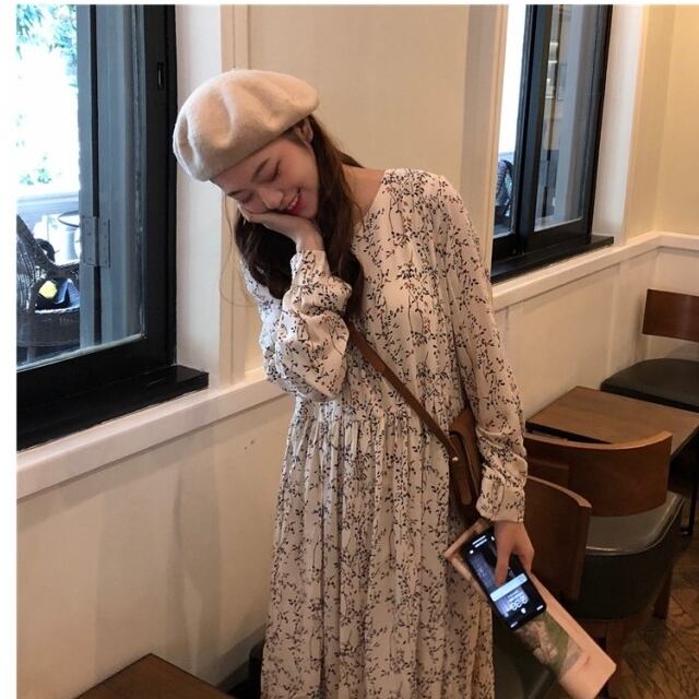 ニットワンピース 韓国 秋 冬 ワンピース レディース 花柄