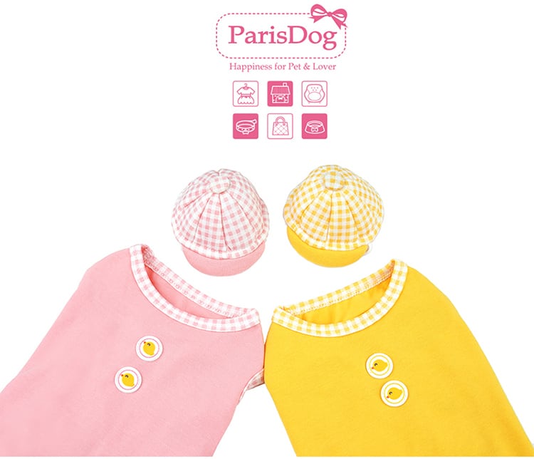 【SALE】 hiyoko onepiece set 2color S ~ XL  /  犬服 春夏 新作 ドッグウェア 袖なし シンプル フリル ドレス お揃い 犬の服 小型犬 中型犬 帽子セット 猫 onepiece44