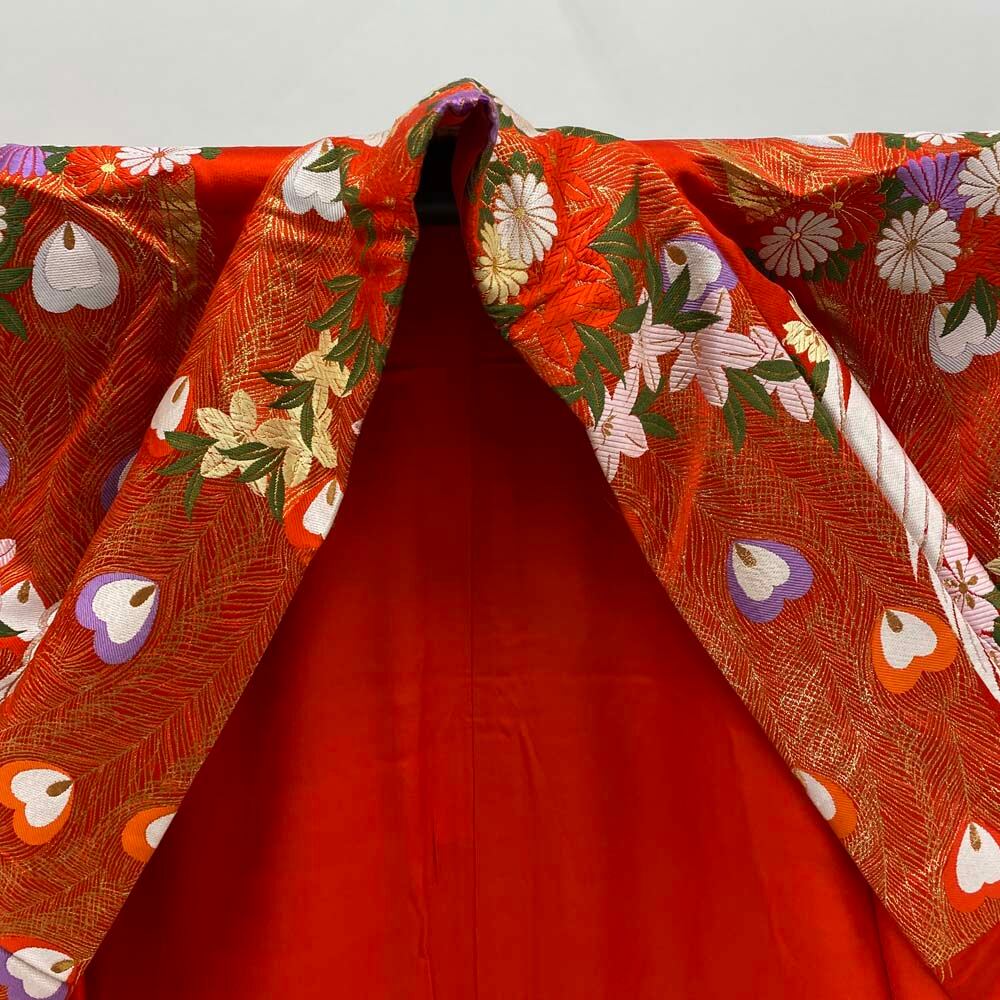 色打掛 正絹 鶴 刺繍 金 赤 打掛 Mサイズ 裄66 花嫁衣裳 婚礼