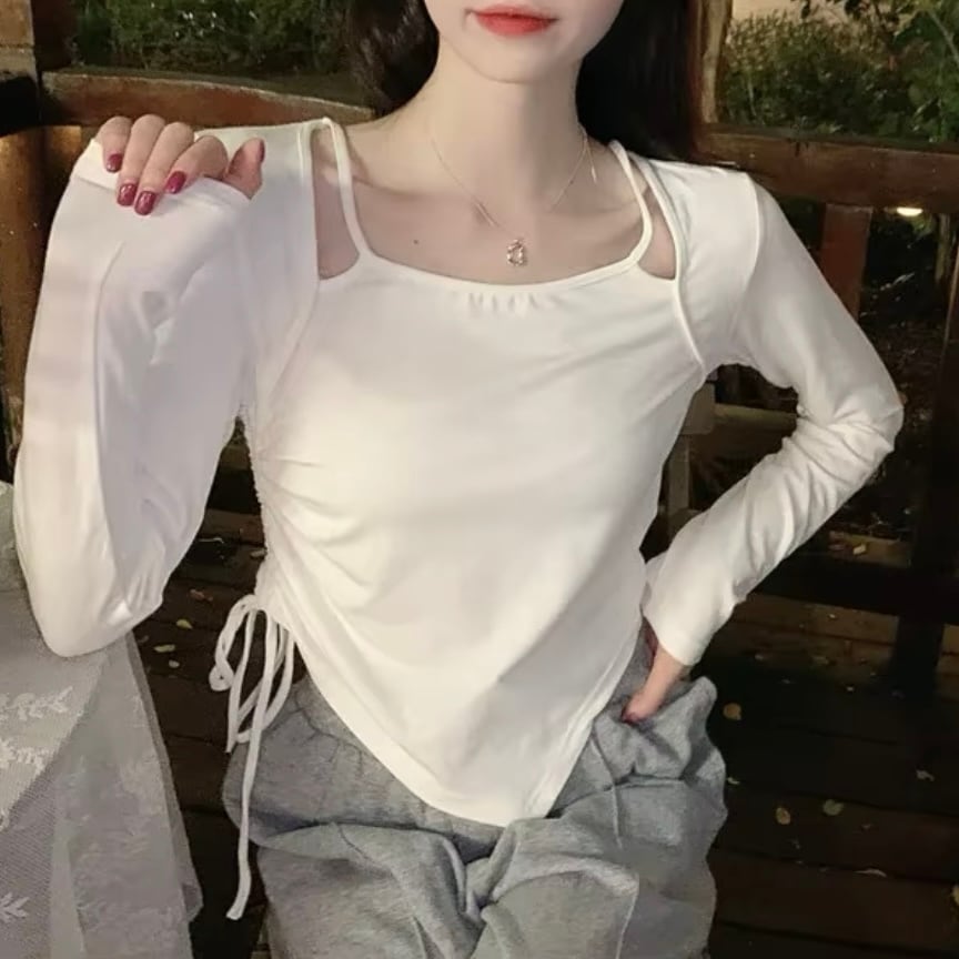 レイヤー風シャーリングロングTシャツ