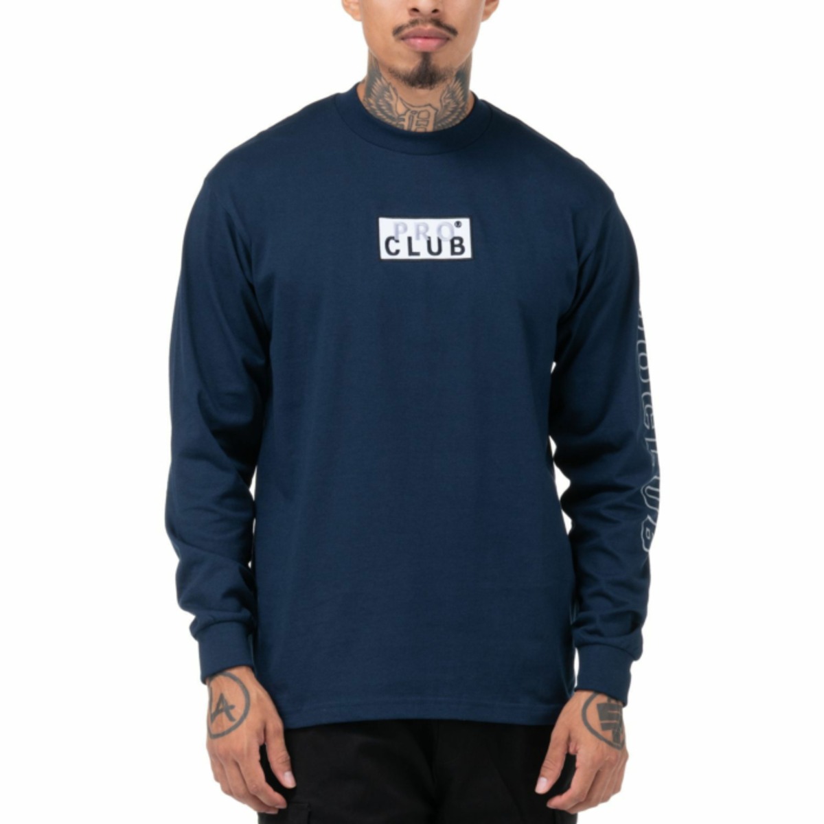 PRO CLUB EMBROIDERED BOX LOGO L/S HEAVYWEIGHT T-SHIRT [navy] 114emb プロ ...