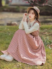 【0175】Shoulder Frill Check Long Sleeve Dress