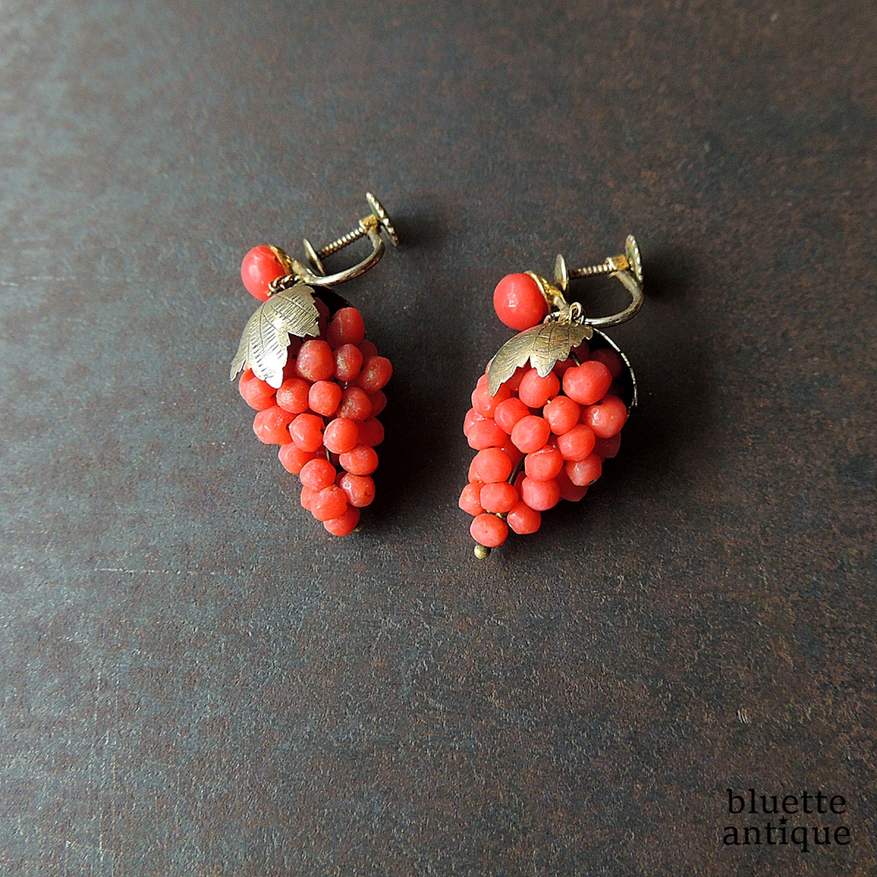 アンティークジュエリー ヴィクトリアン コーラル グレープ イヤリング (ソーティングメモ付)