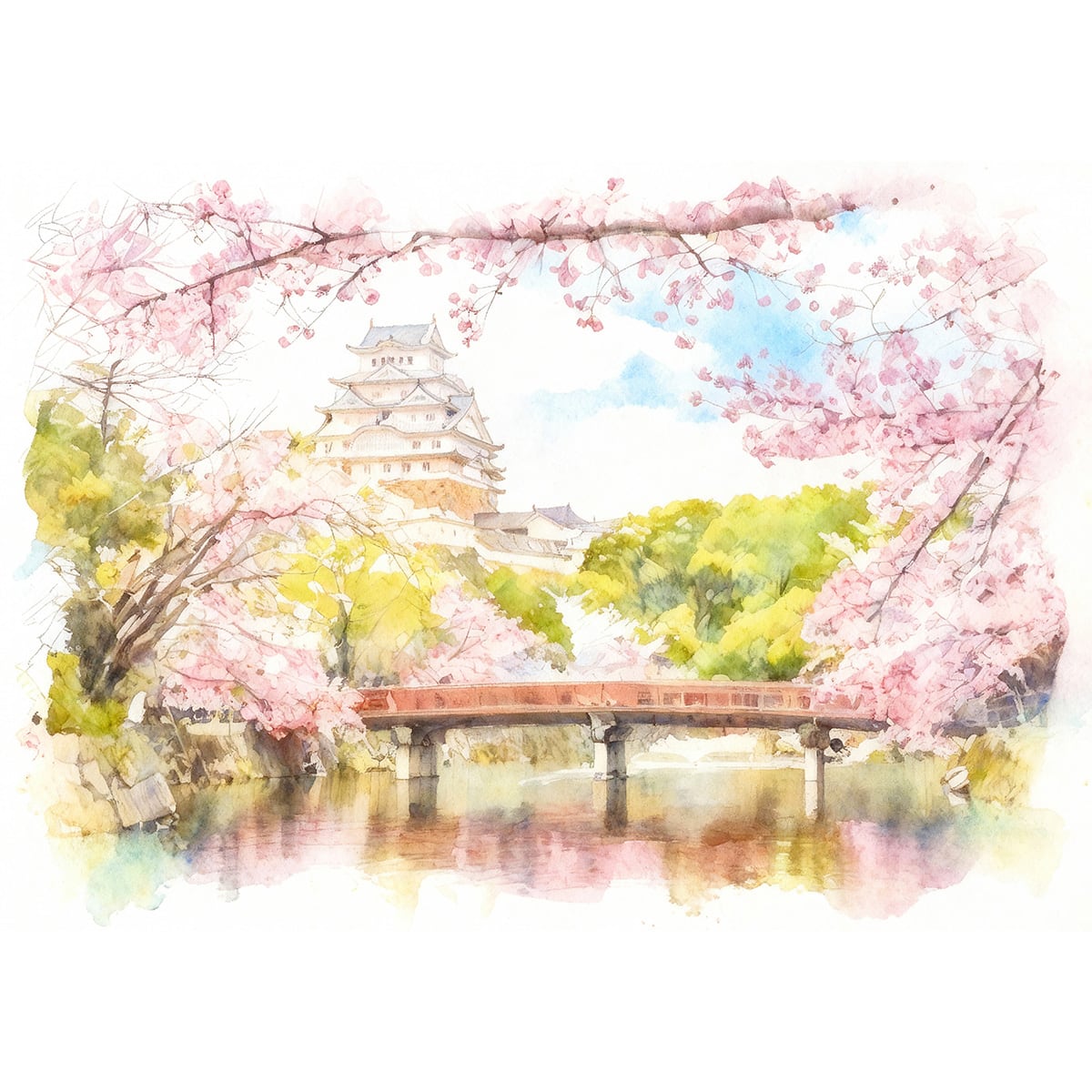 絵画 風景画 日本の城 兵庫県姫路城 インテリアアート額付き 水彩画
