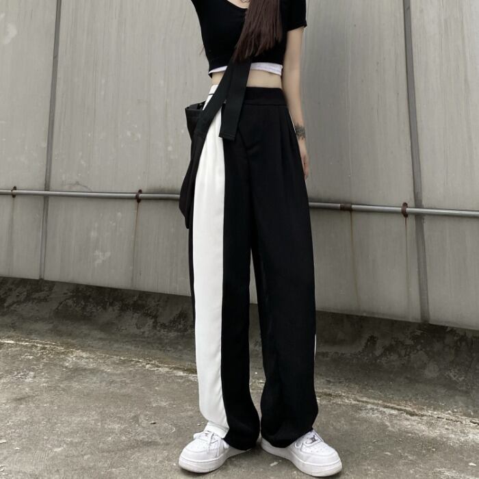 ルーズパンツ ブラックホワイトサマーハイウェストウェストカジュアル 夏物 ステッチ ケッペル25315910222