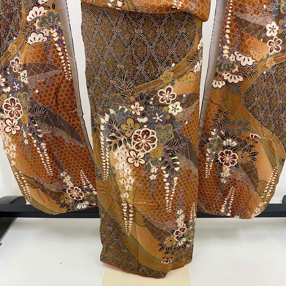 振袖 中古 ブラウン 茶 正絹 古典 裄65cm 身丈171cm 美品 M サイズ 成人式 4034 振袖 中古 ブラウン 茶 正絹 古典 裄65cm 身丈171cm 美品 M サイズ