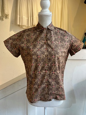 50's 60's brown flower print open collar blouse