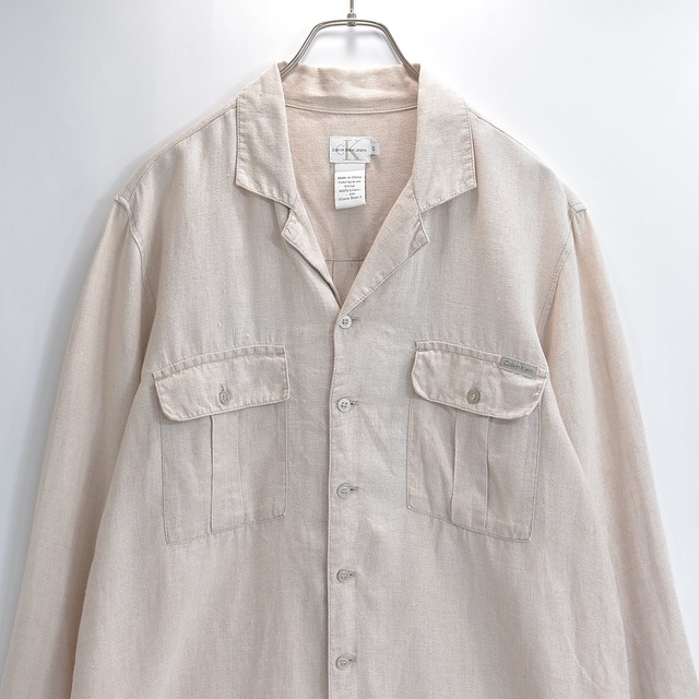 Calvin Klein Jeans カルバンクラインジーンズ オープンカラー リネンシャツ フラップポケット 無地 サファリシャツ ベージュ USED ヴィンテージ ビンテージ 古着 メンズ L相当