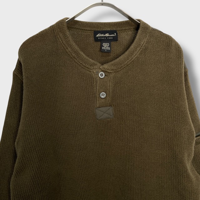 エディーバウアー　イギリス製　ヘンリーネックコットンニット　リブ編み　カーキ　L