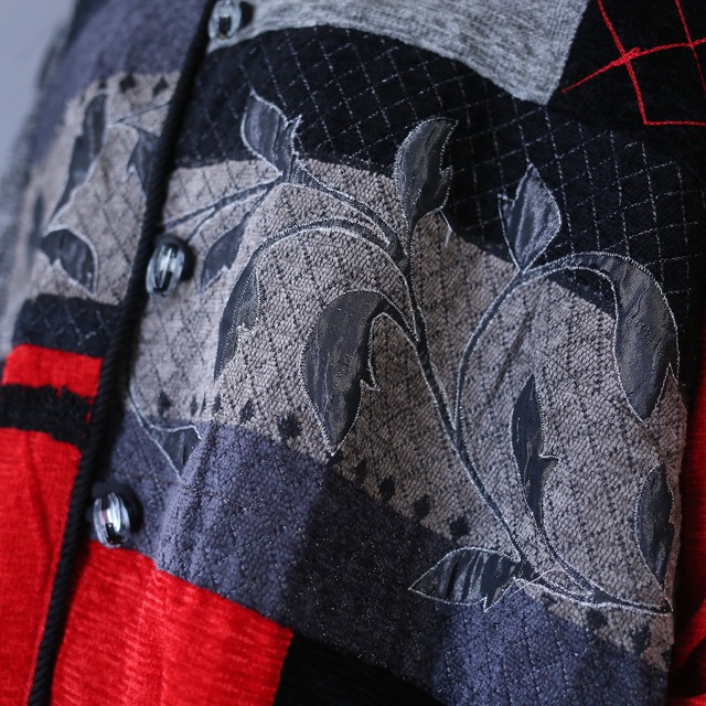 "刺繍" and multi fabric switching design over silhouette no-collar jacket