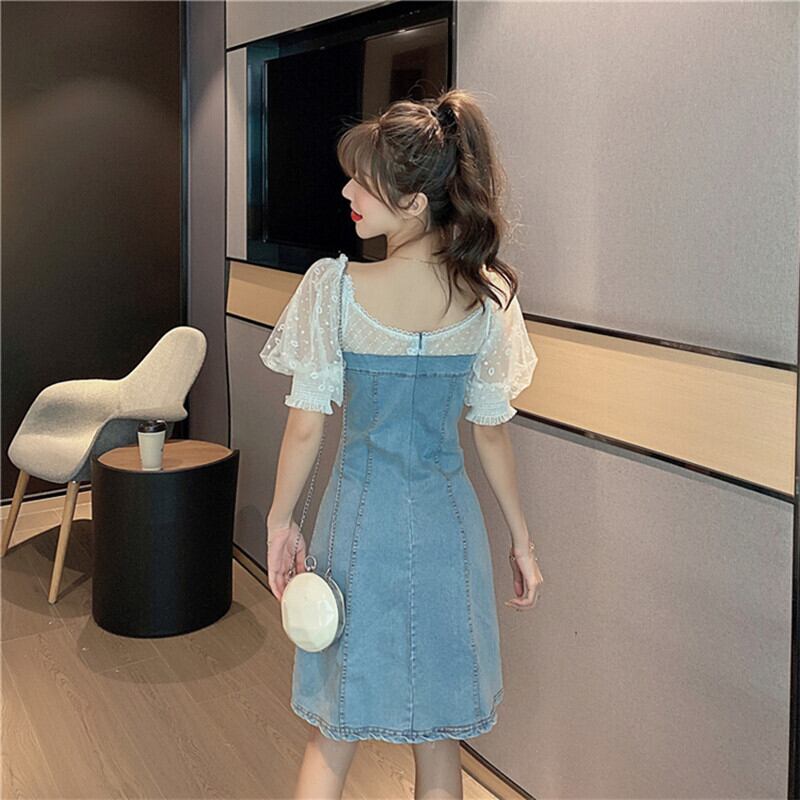 ワンピース カジュアル 半袖 ファッション デニム Aライン スクエアネック 重ね着風 配色 ブルー M L Dresszone